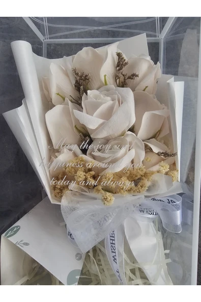 Beyaz Gül 9 Kafalı Cipso Aranjmanli Sevgililer Günü Buketi KutuluGul Hediye Buketi Yildonumu - 5
