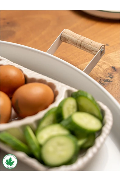 51cm Ahşap Kulplu Krem Metal Tepsi Yuvarlak Çay Tepsisi Sunum Tepsisi Tahta Kulplu Büyük Tepsi - 12