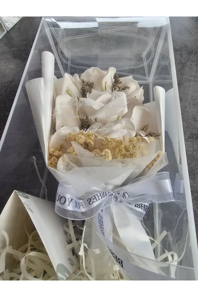 Beyaz Gül 9 Kafalı Cipso Aranjmanli Sevgililer Günü Buketi KutuluGul Hediye Buketi Yildonumu - 4