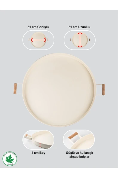 51cm Ahşap Kulplu Krem Metal Tepsi Yuvarlak Çay Tepsisi Sunum Tepsisi Tahta Kulplu Büyük Tepsi - 5