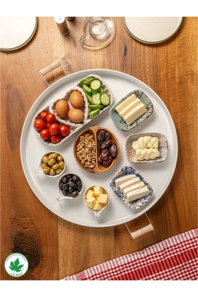 51cm Ahşap Kulplu Krem Metal Tepsi Yuvarlak Çay Tepsisi Sunum Tepsisi Tahta Kulplu Büyük Tepsi - 11