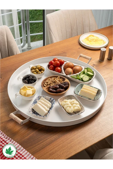 51cm Ahşap Kulplu Krem Metal Tepsi Yuvarlak Çay Tepsisi Sunum Tepsisi Tahta Kulplu Büyük Tepsi - 10