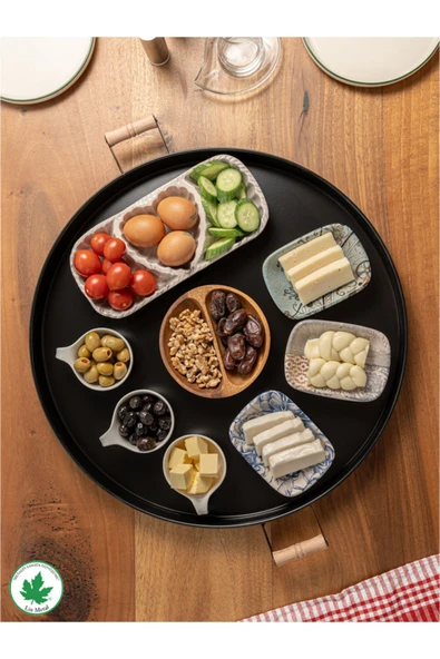 51cm Ahşap Kulplu Krem Metal Tepsi Yuvarlak Çay Tepsisi Sunum Tepsisi Tahta Kulplu Büyük Tepsi - 8