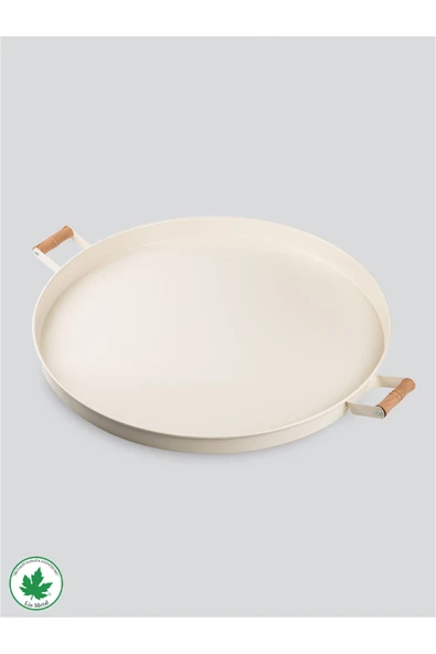 51cm Ahşap Kulplu Krem Metal Tepsi Yuvarlak Çay Tepsisi Sunum Tepsisi Tahta Kulplu Büyük Tepsi - 4