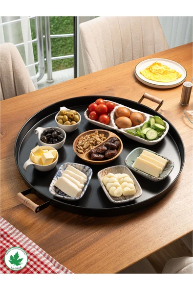 51cm Ahşap Kulplu Krem Metal Tepsi Yuvarlak Çay Tepsisi Sunum Tepsisi Tahta Kulplu Büyük Tepsi - 7