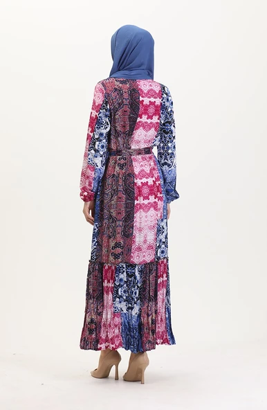 Amelya Farbalı Kuşaklı Viskon Elbise S-M-L-XL Beden - 12