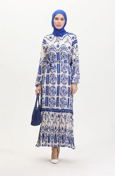 Amelya Farbalı Kuşaklı Viskon Elbise S-M-L-XL Beden - 7