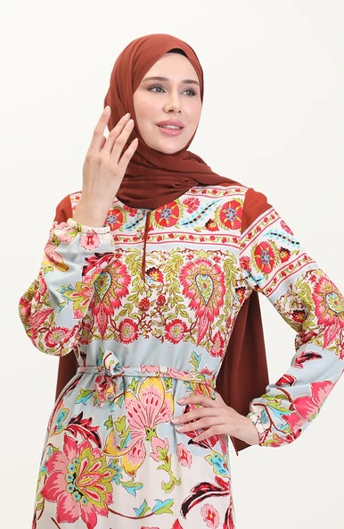 Amelya Farbalı Kuşaklı Viskon Elbise S-M-L-XL Beden - 3