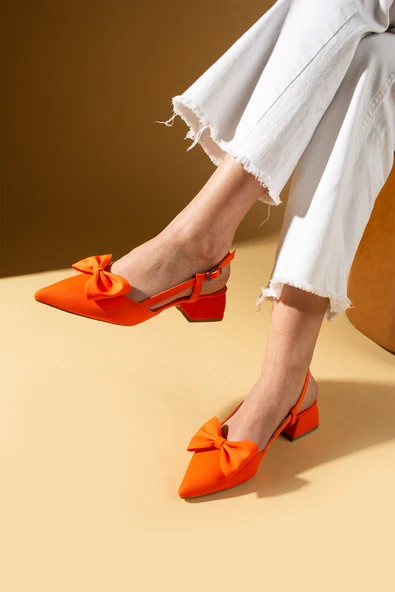 Pembe Potin Sivri Burun Fiyonk Detaylı Saten Kumaş Slingback Kadın Topuklu Ayakkabı 87-141-25Saten - 12