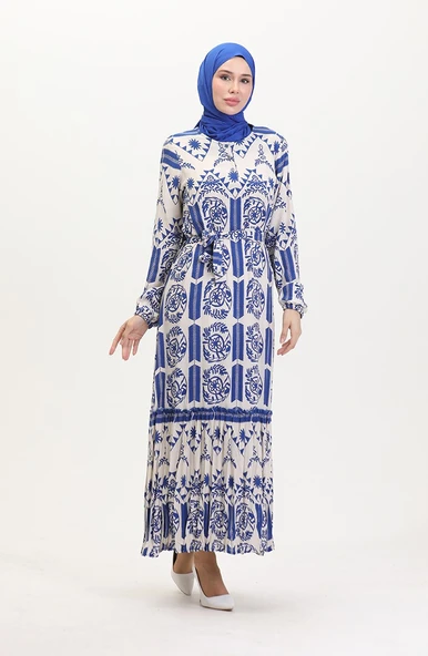 Amelya Farbalı Kuşaklı Viskon Elbise S-M-L-XL Beden - 6
