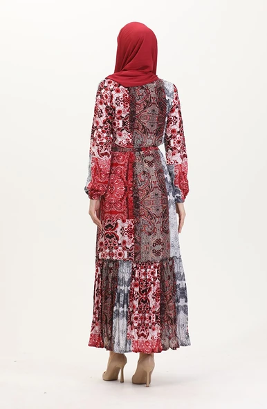 Amelya Farbalı Kuşaklı Viskon Elbise S-M-L-XL Beden - 4