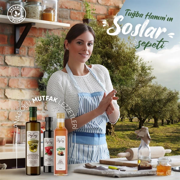 Organik Soslar Seti;  Soğuk sıkım zeytinyağı (750ml) - Elma Sirkesi (500 ml) - Nar Ekşisi (350 gr) - 4