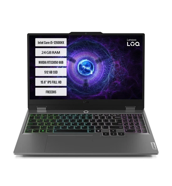 Lenovo LOQ 15IAX9 83GS00PDTR-05 Intel Core i5-12600HX 24GB 512GB SSD RTX3050 15.6" IPS FreeDos Notebook