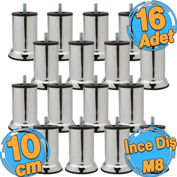 16 Adet Mobilya Kanepe Baza Koltuk Destek Yükseltme Ayağı M8 Civatalı Krom Metal Ayakları 10 cm