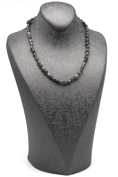 Labradorit ( Çelik Klipsli ) Doğal Taş Kolye Mercimek Kesim - Resim 2