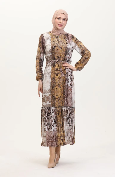 Amelya Farbalı Kuşaklı Viskon Elbise S-M-L-XL Beden - 5