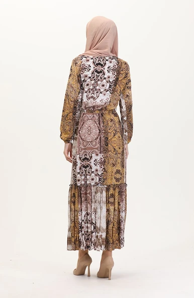 Amelya Farbalı Kuşaklı Viskon Elbise S-M-L-XL Beden - 8