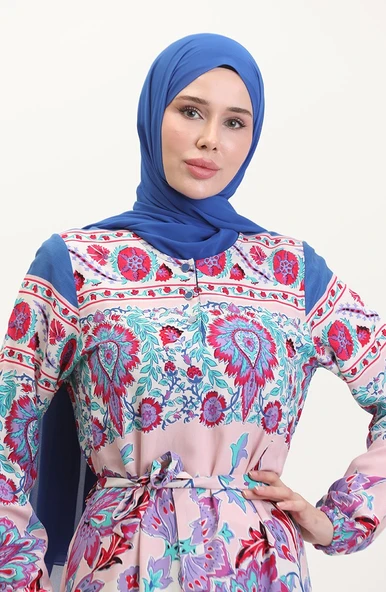Amelya Farbalı Kuşaklı Viskon Elbise S-M-L-XL Beden - 8