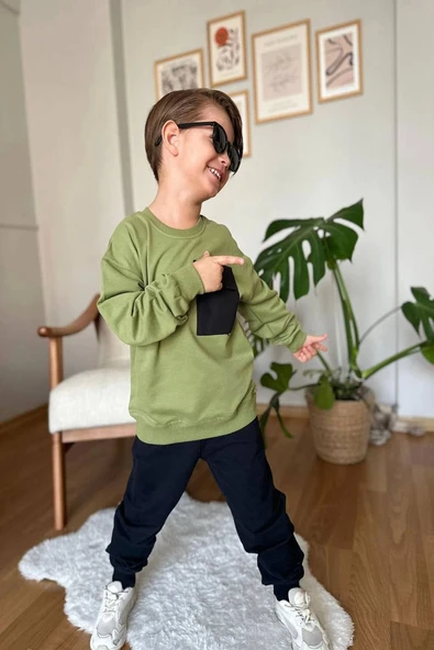 Yeni Sezon Yaprak Cep Desenli Yeşil Renk Erkek Çocuk Eşofman Takım - 2