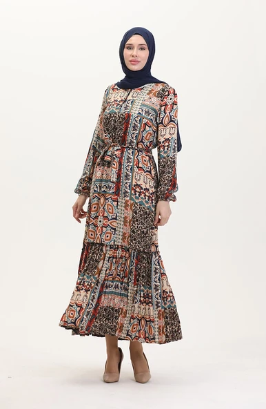 Amelya Farbalı Kuşaklı Viskon Elbise S-M-L-XL Beden - 2