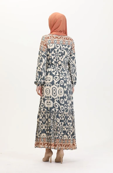 Amelya Farbalı Kuşaklı Viskon Elbise S-M-L-XL Beden - 12