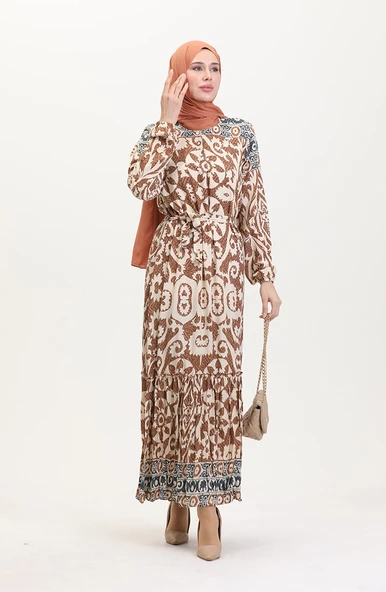 Amelya Farbalı Kuşaklı Viskon Elbise S-M-L-XL Beden - 4