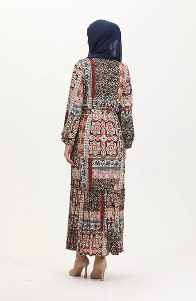 Amelya Farbalı Kuşaklı Viskon Elbise S-M-L-XL Beden - 4