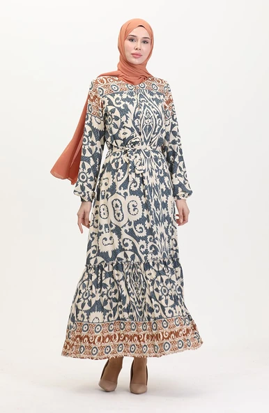 Amelya Farbalı Kuşaklı Viskon Elbise S-M-L-XL Beden - 10