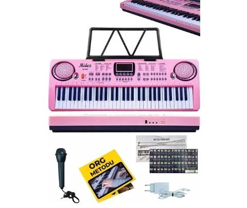 Midex PS-1500PK Başlangıç İçin 61 Tuşlu Org Pembe Renk Notalık Adaptör Mikrofon METOD (100 Ses 100 Ritim)  KUTU DEFORME