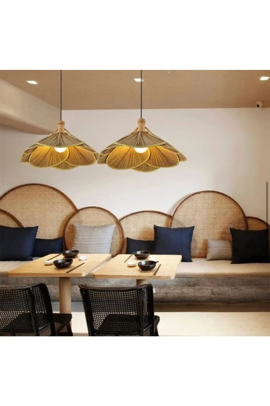 burenze Modern Nordic Tasarım Bamboo Avize Hasır Avize Yonca 1.sınıf Kalite 600mm Çap Naturel Ferahlık Katar - 2