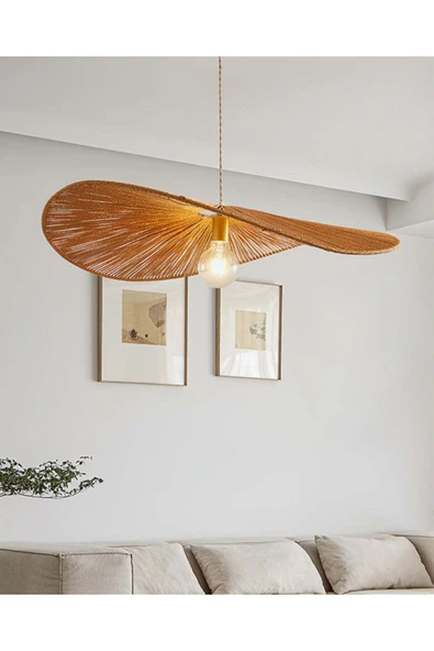 burenze Modern Tasarım Hasır Avize Rattan Boheme Sarkıt Avize 50 Cm Çap