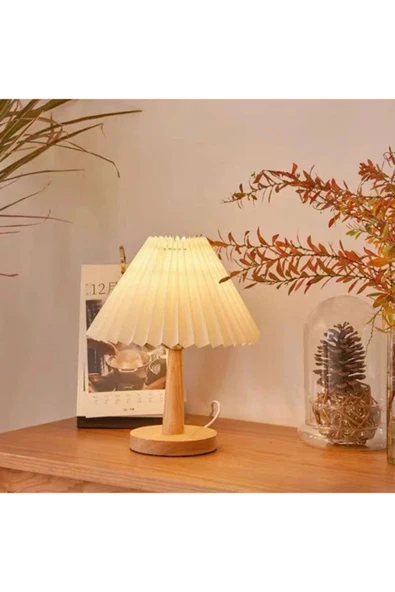 burenze Modern Tasarım Doğal Ahşap Umbrella Abajur Ahşap Detaylı Krem Şapka - Resim 4