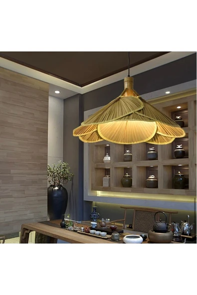 burenze Modern Nordic Tasarım Bamboo Avize Hasır Avize Yonca 1.sınıf Kalite 600mm Çap Naturel Ferahlık Katar