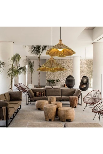 burenze Modern Nordic Tasarım Bamboo Avize Hasır Avize Yonca 1.sınıf Kalite 600mm Çap Naturel Ferahlık Katar - 5