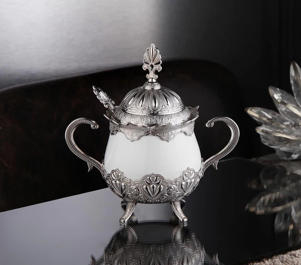 BUSEM Porselenli Yuvarlak Kaşıklı Şekerlik Sedef Düz Gümüş Renk - 4