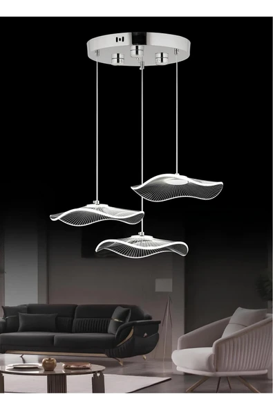 burenze Modern Tasarım Jellyfish 3 Renk Kademeli Işık Üçlü Sarkıt Led Avize Krom Gümüş Gövde
