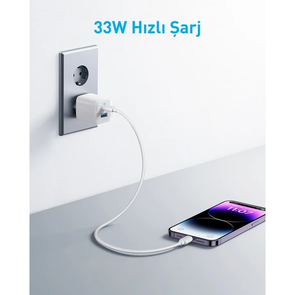 Anker 323 33W USB-C + USB-A Hızlı Şarj Cihazı -(USB-C PD 20W + USB-A 12W) iPhone & Android ile Uyumlu Type-C Hızlı Şarj Adaptörü - A2331 - Beyaz (Anker Türkiye Garantili) - 5