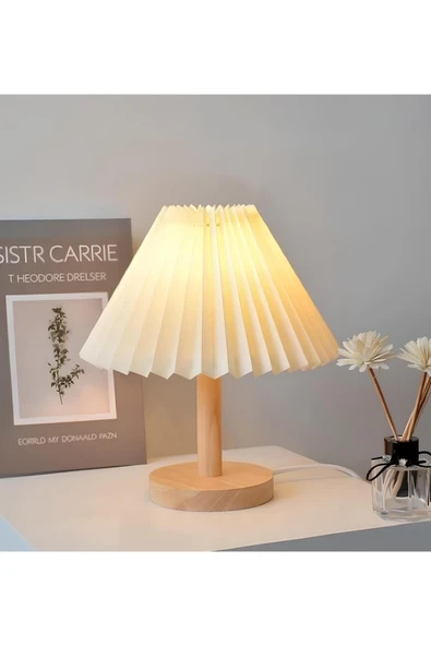 burenze Modern Tasarım Doğal Ahşap Umbrella Abajur Ahşap Detaylı Krem Şapka ürün görseli 1