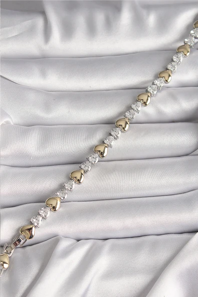 Pirinç Gümüş Renk Zirkon Taşlı Gold Kalpli VIP Seri Kadın Bileklik - TJ-BB6718 - 2