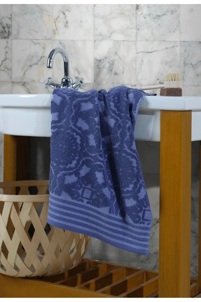 Copen Jakarlı 2'li Banyo Havlu Seti Morcivert / Ekru 50x85 cm 70x140 cm - 2