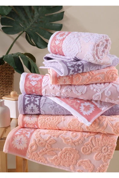 Stella Jakarlı 2'li Banyo Havlu Seti Lila / Ekru 50x85 cm 70x140 cm - 4