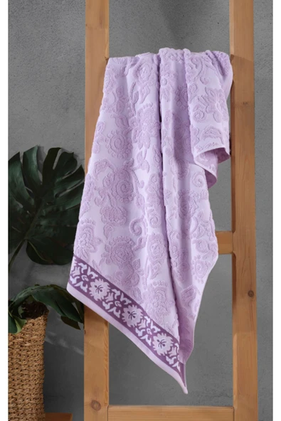 Stella Jakarlı 2'li Banyo Havlu Seti Lila / Ekru 50x85 cm 70x140 cm - 3