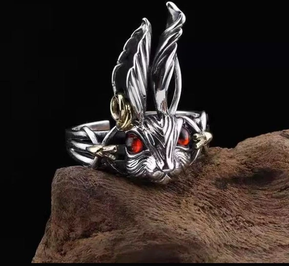 Sevimli Tavşan Vintage Gümüş Renk Retro Ayarlanabilir Tavşan Yüzük - 6