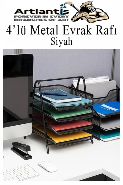 4 lü Metal Evrak Rafı Siyah 1 Paket Masaüstü A4 Dosya Düzenleyici Kağıt Tepsisi Metal Çelik Fileli Dört Katlı Hareketli - 3
