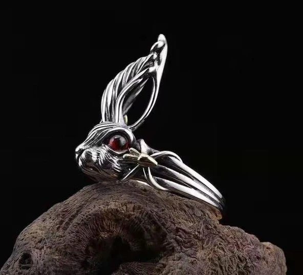 Sevimli Tavşan Vintage Gümüş Renk Retro Ayarlanabilir Tavşan Yüzük - 9