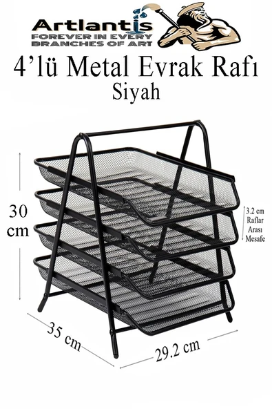 4 lü Metal Evrak Rafı Siyah 1 Paket Masaüstü A4 Dosya Düzenleyici Kağıt Tepsisi Metal Çelik Fileli Dört Katlı Hareketli - 2