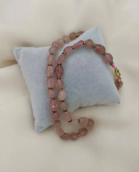 Kolye Çelik Dogaltaş Çilek Kuvars Kadın Kız Takı Gerdanlık Düğün Nişan - 2