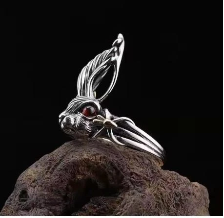 Sevimli Tavşan Vintage Gümüş Renk Retro Ayarlanabilir Tavşan Yüzük - 7