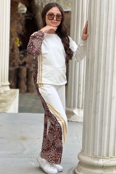 Kız Çocuk Kolları ve Paçaları Leopar Desen, Gold Şerit Detaylı Beyaz Eşofman Takım - 3
