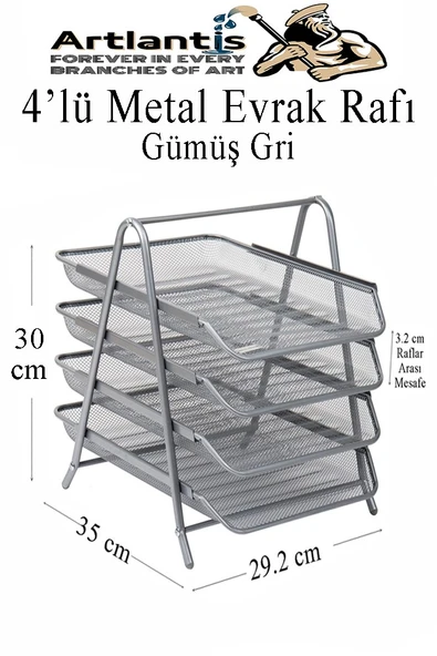 4 lü Metal Evrak Rafı Gri 1 Paket Masaüstü A4 Dosya Düzenleyici Kağıt Tepsisi Metal Çelik Fileli Dört Katlı Hareketli - 3
